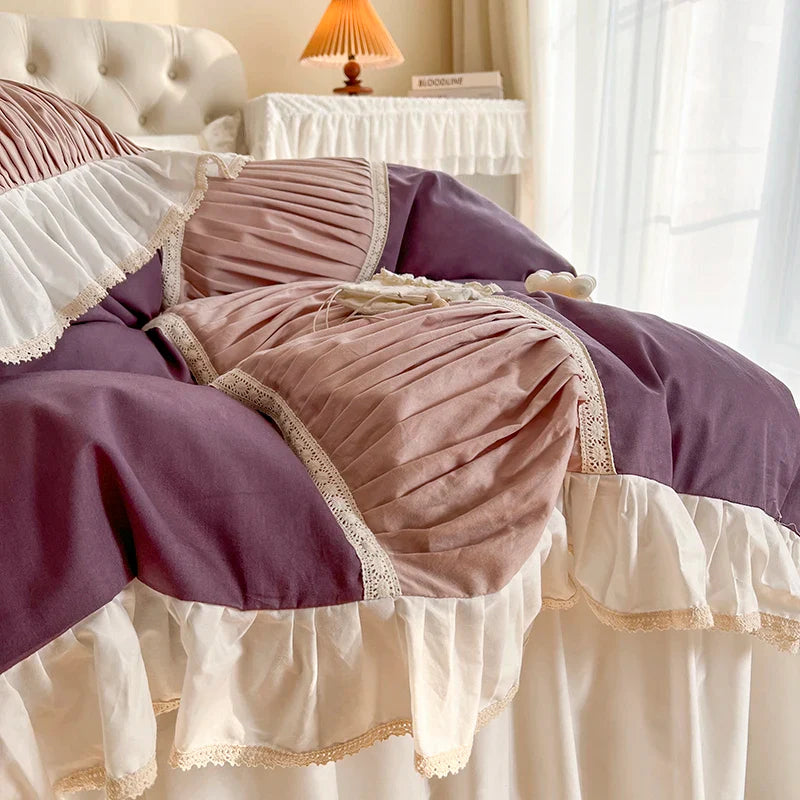 Afralia™ Korean Princess Style Cotton Bedding Set with Pleated Ruffles and Soft Quilt Cover