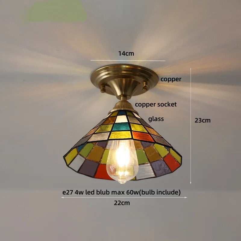 Afralia™ Handcrafted Glass Copper Canopy Ceiling Light Tiffany Style Glass Vintage Loft