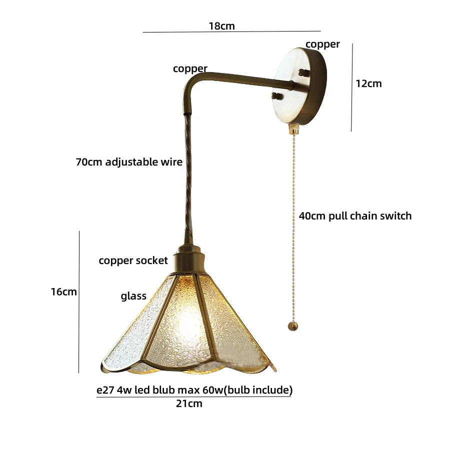 Afralia™ Tiffany Yellow Glass Wall Light Sconce with Pull Chain - Bedroom Balcony LED Fixture
