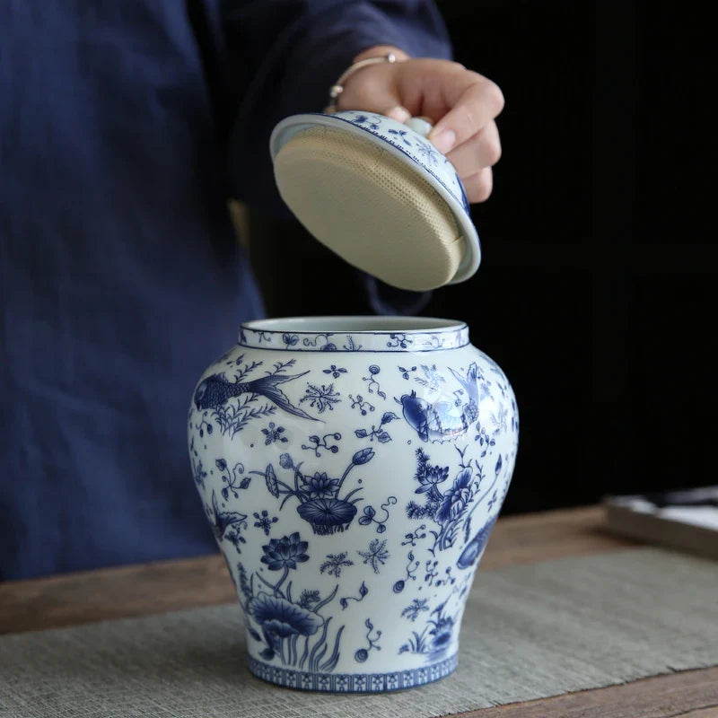 Afralia™ Blue & White Porcelain General Jar: Vintage Ceramic Storage Tank for Home Decor