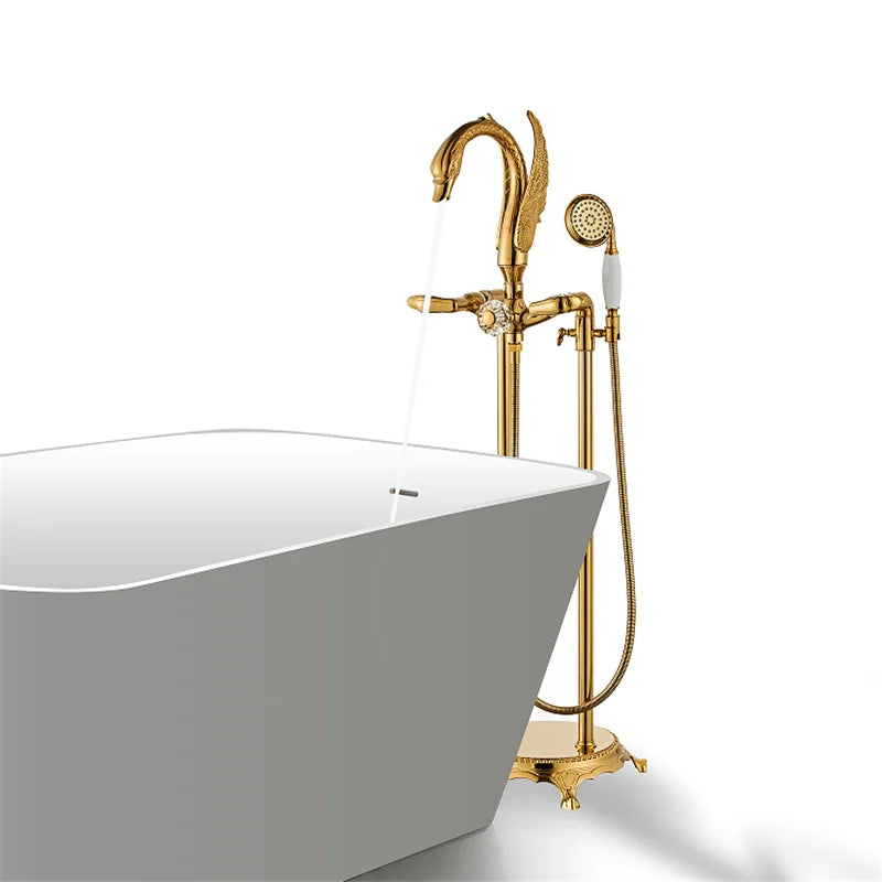 Afralia™ Gold Swan Bathtub Mixer with Handshower Head and 360° Rotation Spout