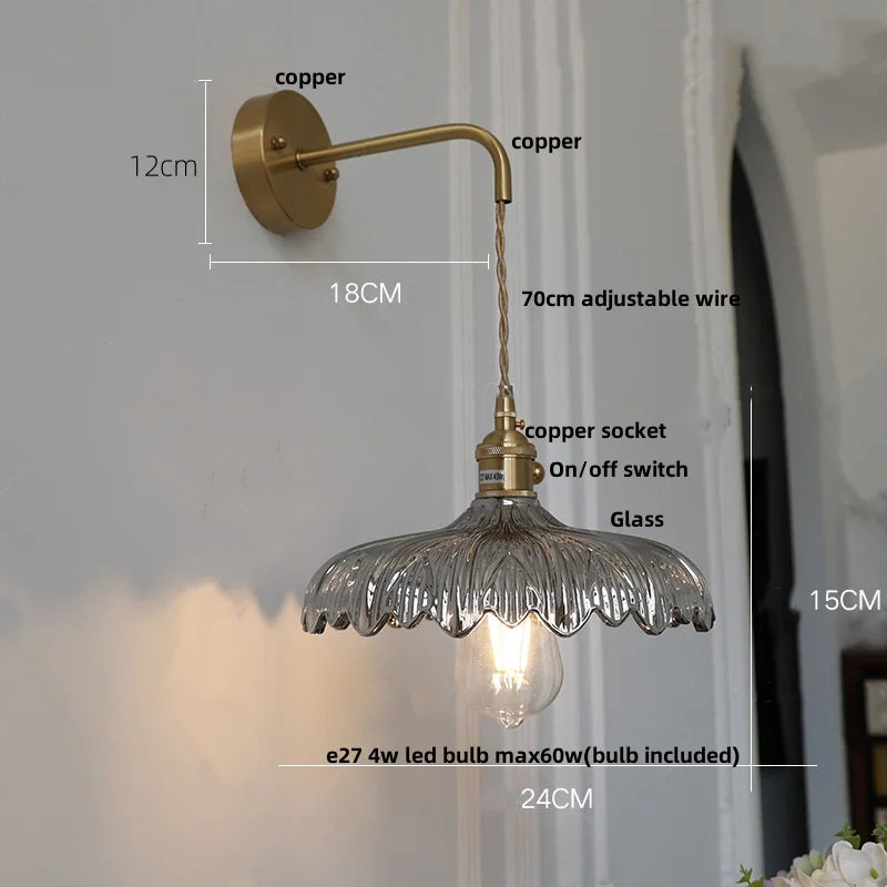 Afralia™ Amber Vintage LED Wall Light Glass Copper Pull Chain Switch Hallway Lamp