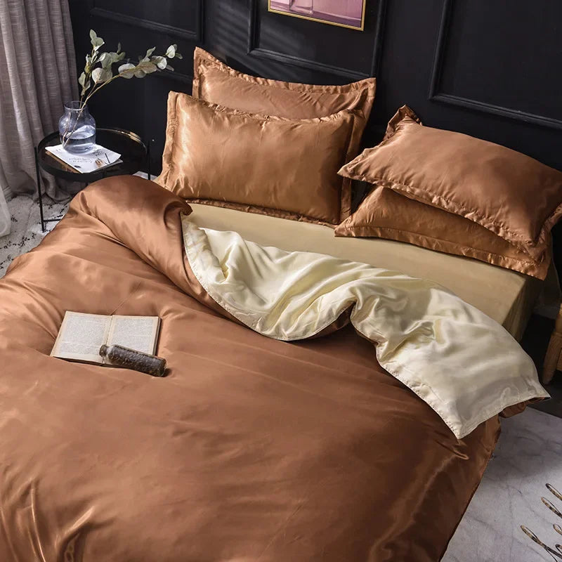 Afralia™ Summer Solid Rayon Silk Bedding Set Lightweight Quilt Cover Set Skin Friendly