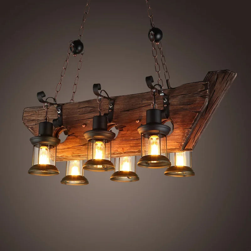 Afralia™ Retro Country Wooden Chandelier for Bar Cafe Restaurant, Industrial Style LED Lamps