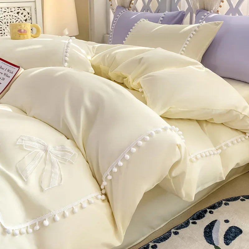 Afralia™ Pearl Lace Bowknot Princess Bedding Sets for Girl Woman Bedroom