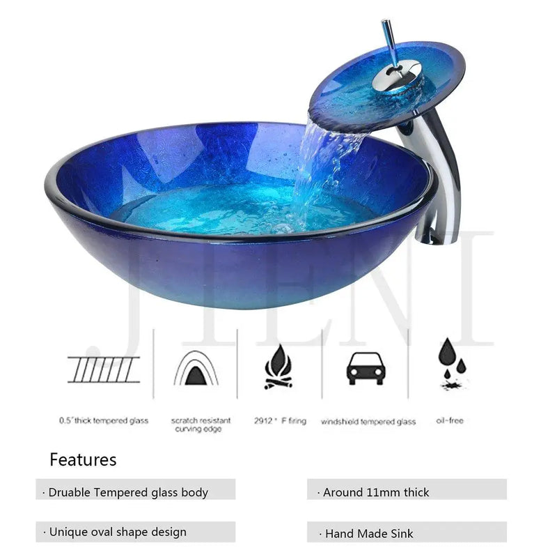 Afralia™ Blue Chrome Tall Basin Tap with Hand-Painted Glass Waterfall Sink Set