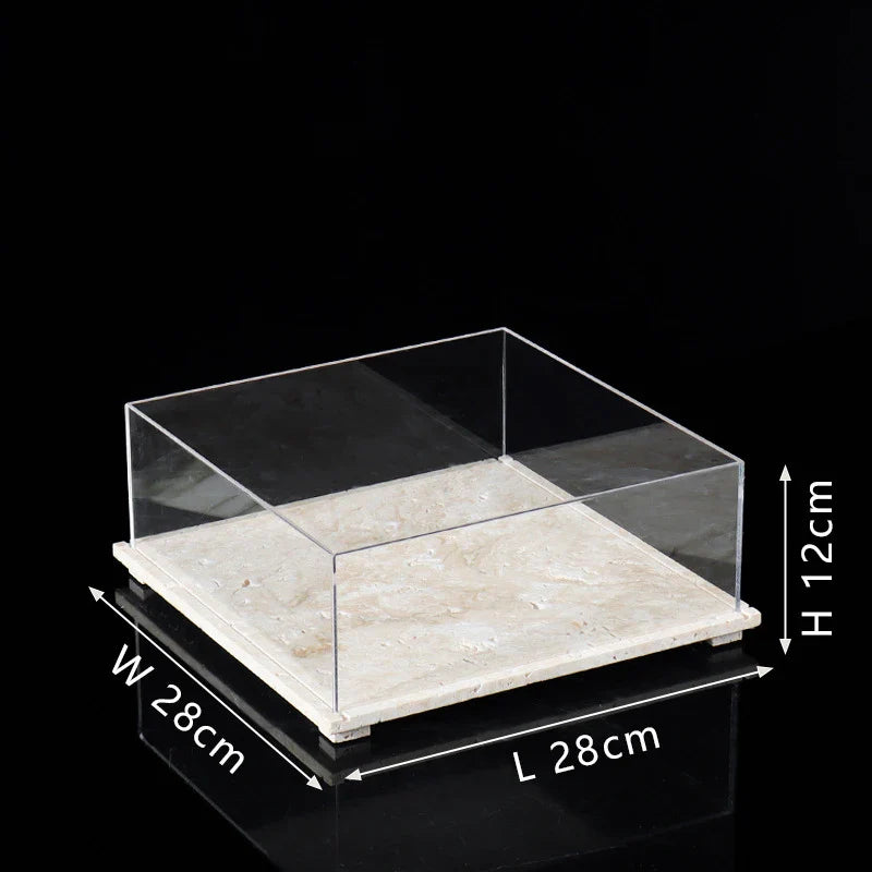 Acrylic Display Case on Travertine Base by Afralia™ for Collectibles, Figurines, Desserts