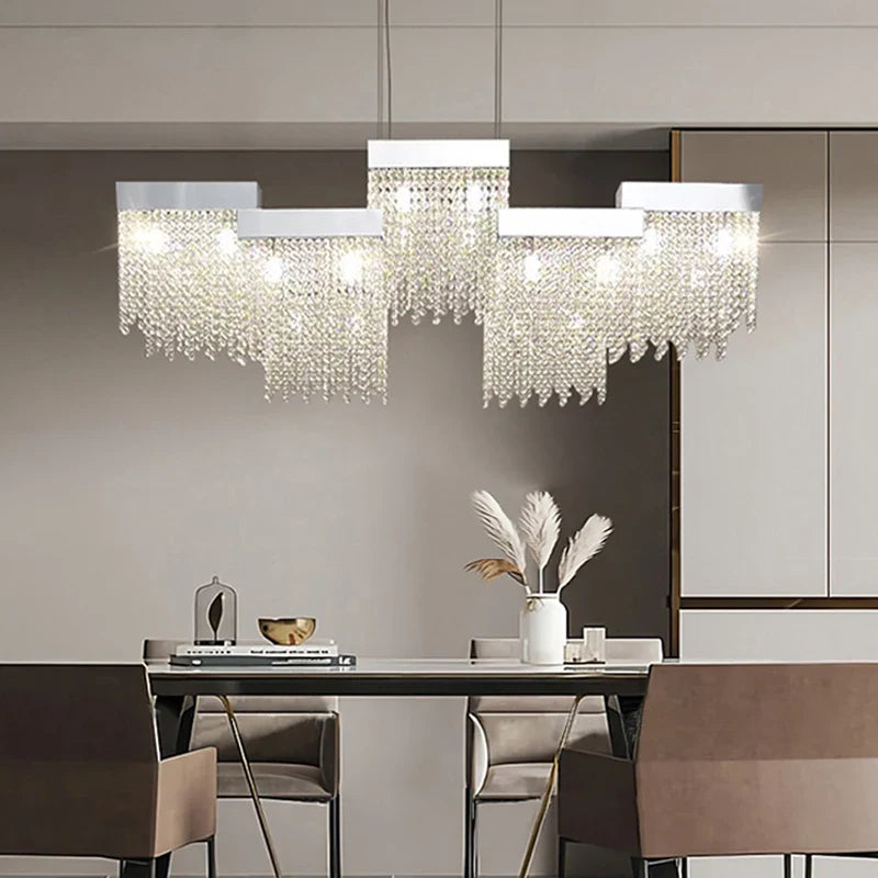 Afralia™ Crystal Tassel Chandelier: Modern Luxury Silver Hanging Lamp for Dining Room