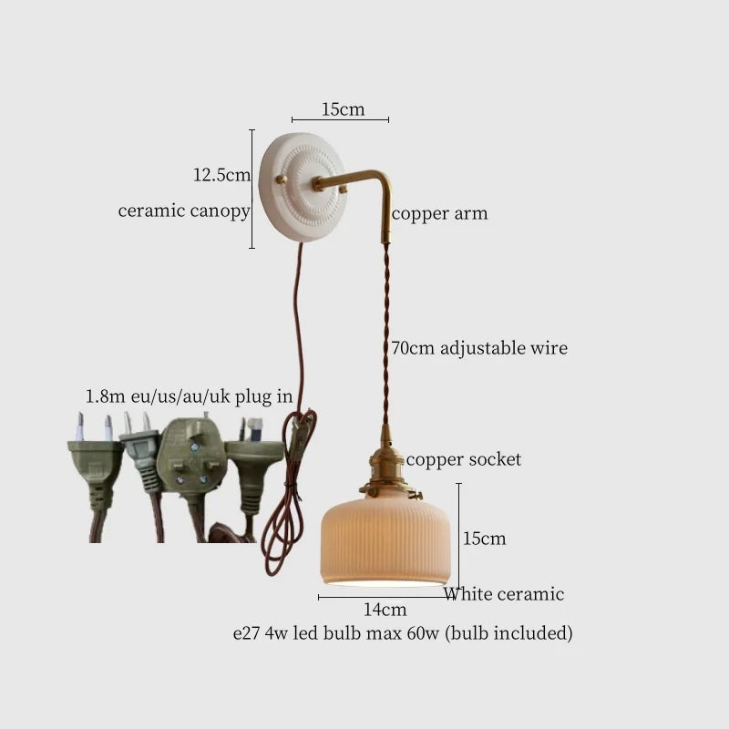 Afralia™ Small Pleats Ceramic LED Wall Light for Bedroom Stair Bathroom with Copper Arm