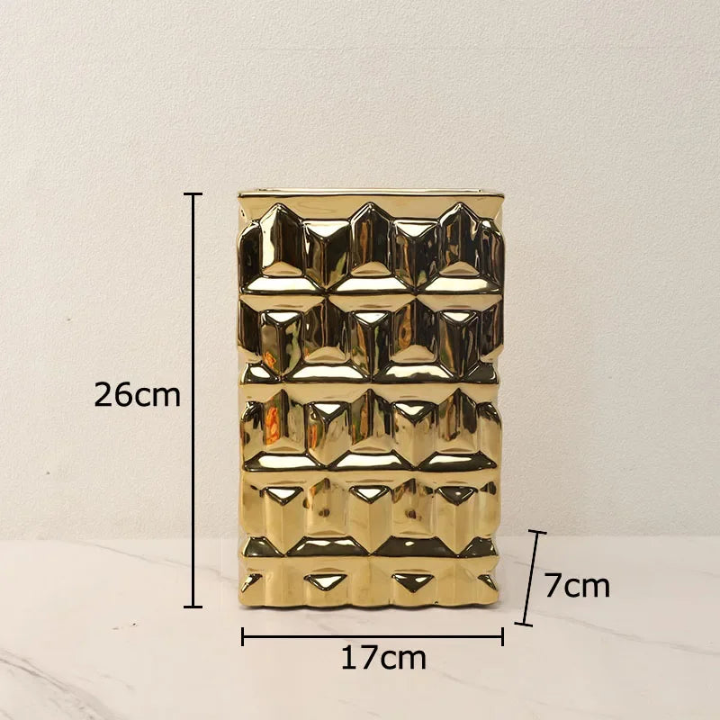 Afralia™ Golden Square Ceramic Vase with Artificial Flowers for Room Aesthetic Decor