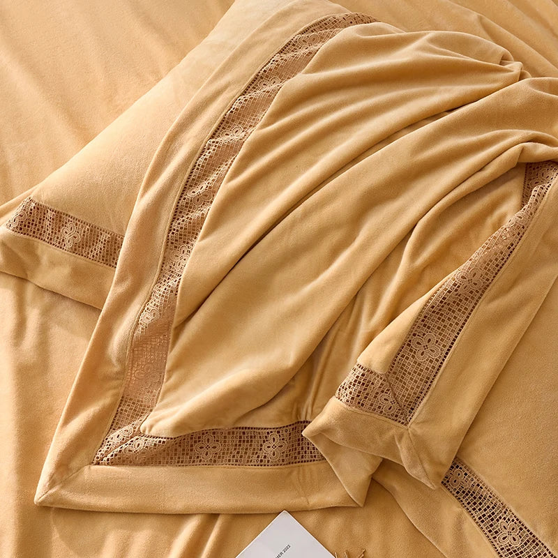 Luxury Gold Velvet Lace Duvet Bedding Set by Afralia™, Cozy Furry Winter Collection
