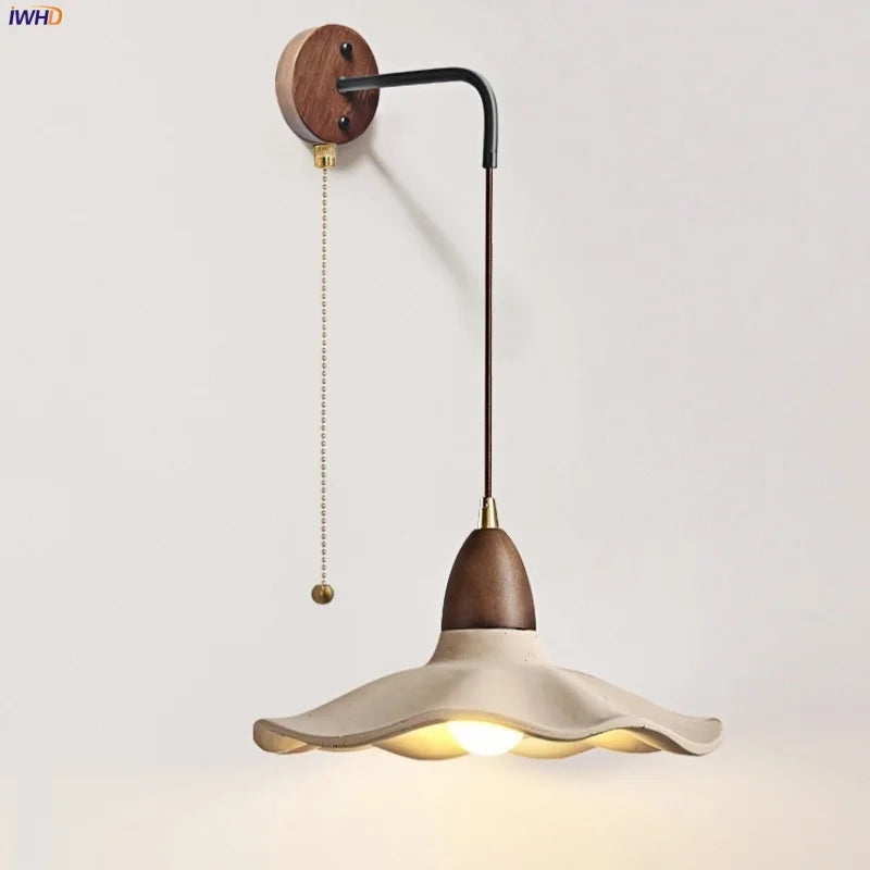 Afralia™ Loft Wood LED Wall Light with Pull Chain Switch - Vintage Cement Decor