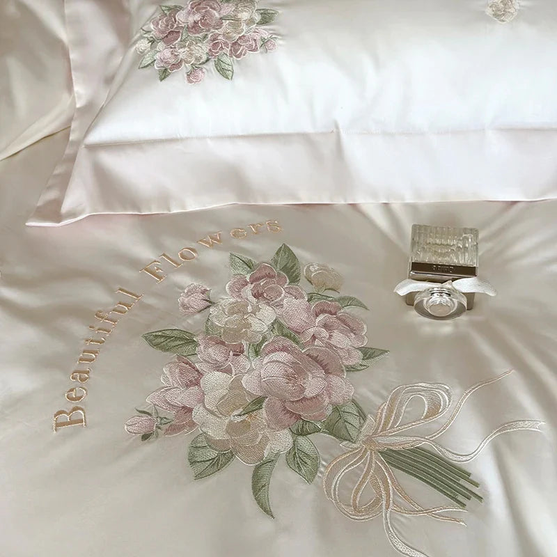 Afralia™ Flowers Embroidery Lace Princess Bedding Set 1000TC Egyptian Cotton Duvet Cover Set