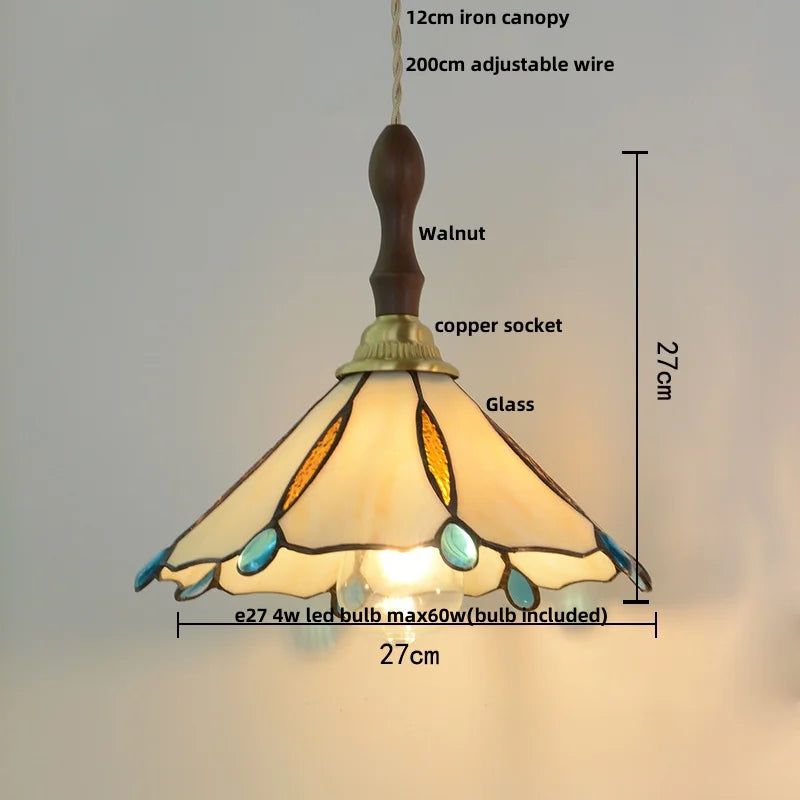 Afralia™ Walnut Wood LED Pendant Tiffany Glass Hanging Lamp - Vintage Dining Room Light