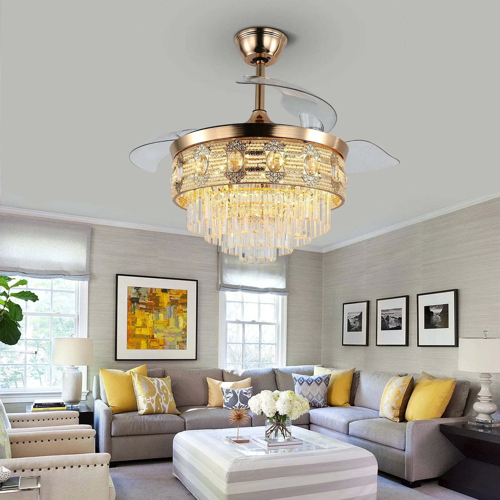 Afralia™ Gold Smart Ceiling Fan Chandelier with LED Lights, 6 Speeds, 3 Heads