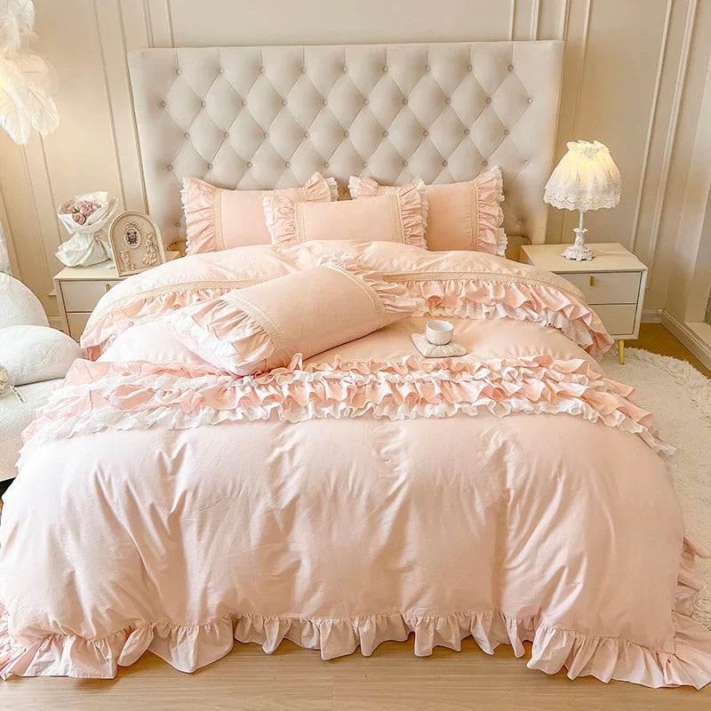 Afralia™ Pink Princess Lace Ruffles Bedding Set - 100% Cotton Double Layer Duvet Cover