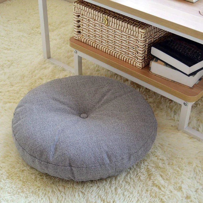 Afralia™ Grey Linen Round Floor Pillow Seating Cushion with Zippered Cover Pouf