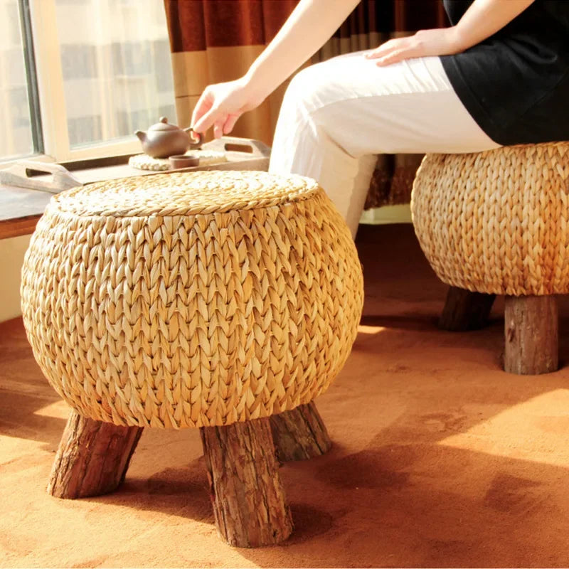 Afralia™ Rustic Rattan Handmade Round Footstool Ottoman: Multi-functional, Portable, Comfortable Wood Footrest