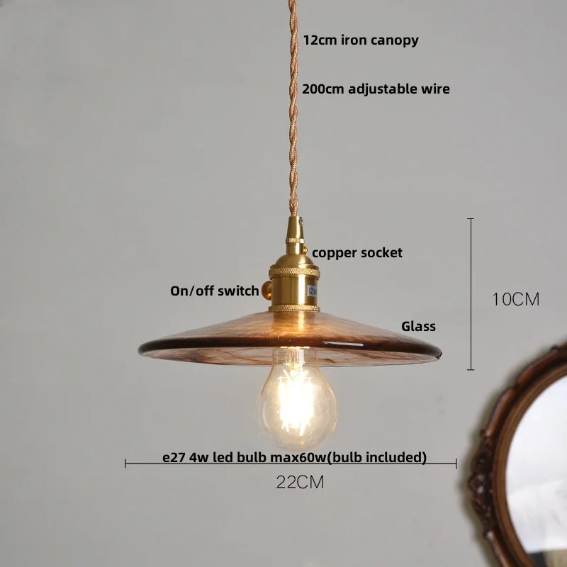 Afralia™ Brass Knob Switch LED Pendant Light, Nordic Amber Glass Hanging Lamp