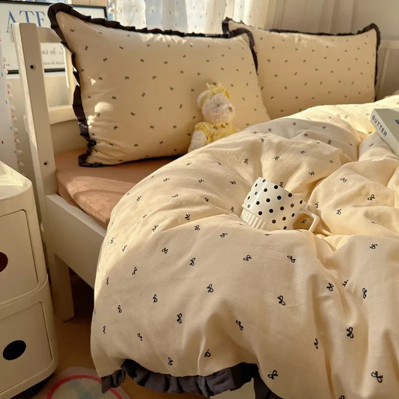 Afralia™ Lace Duvet Cover Bedding Set 4Pcs French Washed Cotton for Single Double Bed