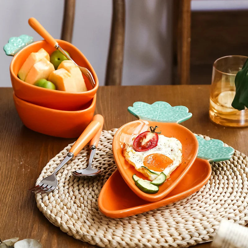 Afralia™ Carrot-Shaped Ceramic Tableware Set - Creative and Cute Household Plates for Desserts, Fruits, and Snacks