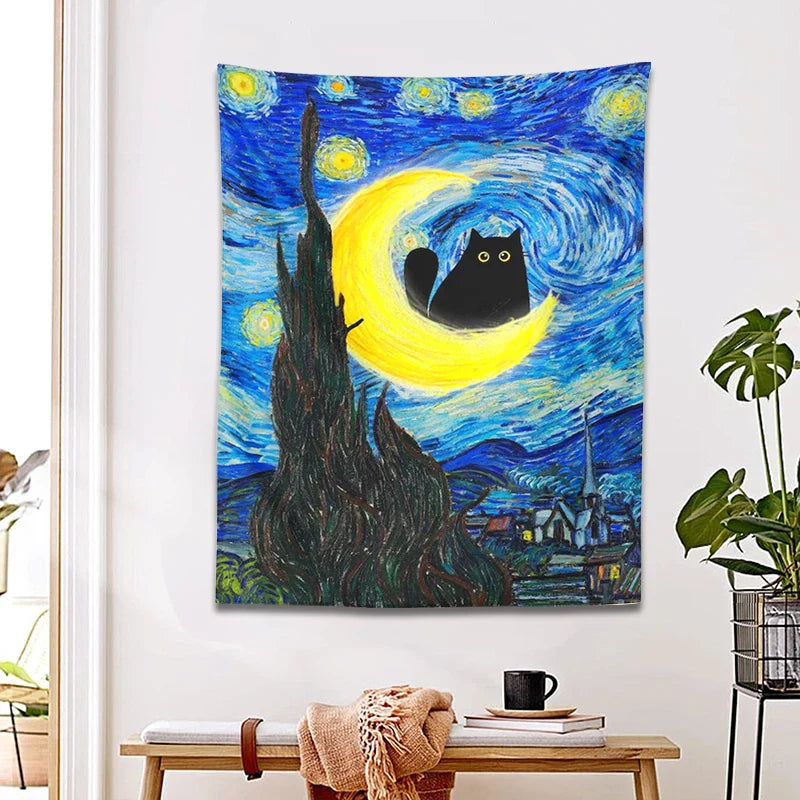 Afralia™ Starry Night Cat Tapestry Moon Cat Art Blanket Wall Hanging