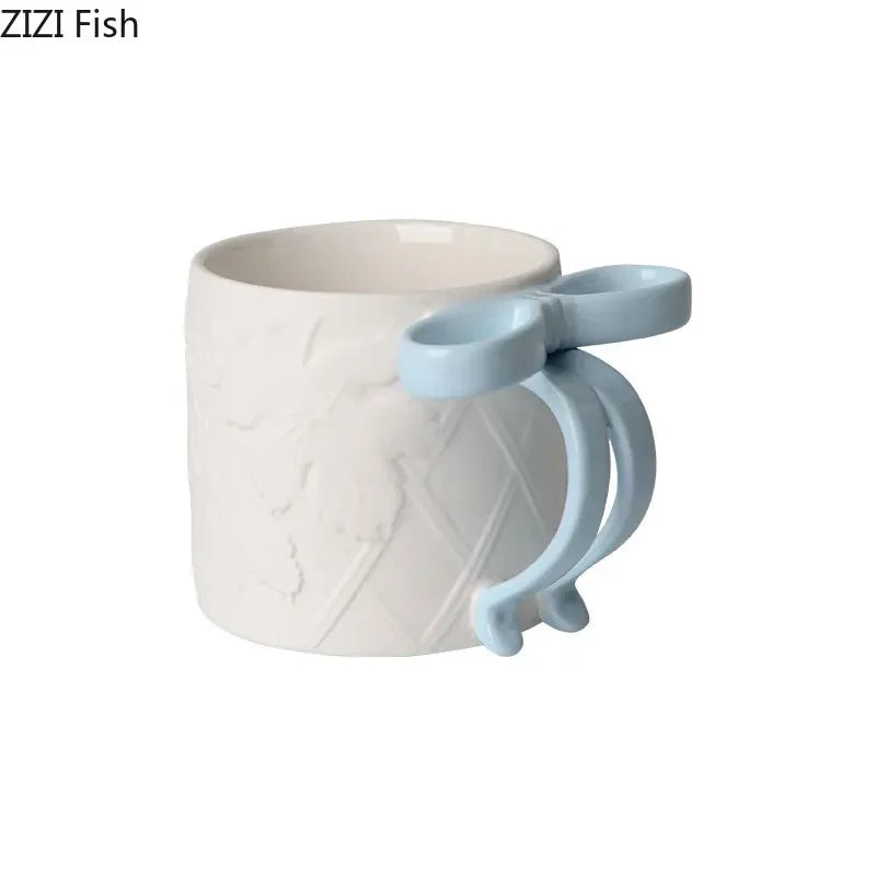Afralia™ Bowknot Ceramic Mug & Saucer Set - Tea, Coffee, Juice Cup for Dining Table
