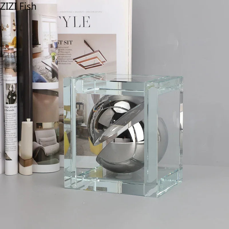 Afralia™ Geometric Silver Block Crystal Ball Desk Decoration - Modern Abstract Art Room Decor