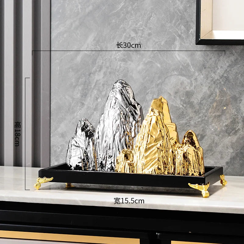 Afralia™ Ceramic Mountain Sculpture Decor - Golden/Silver Landscape Ornament