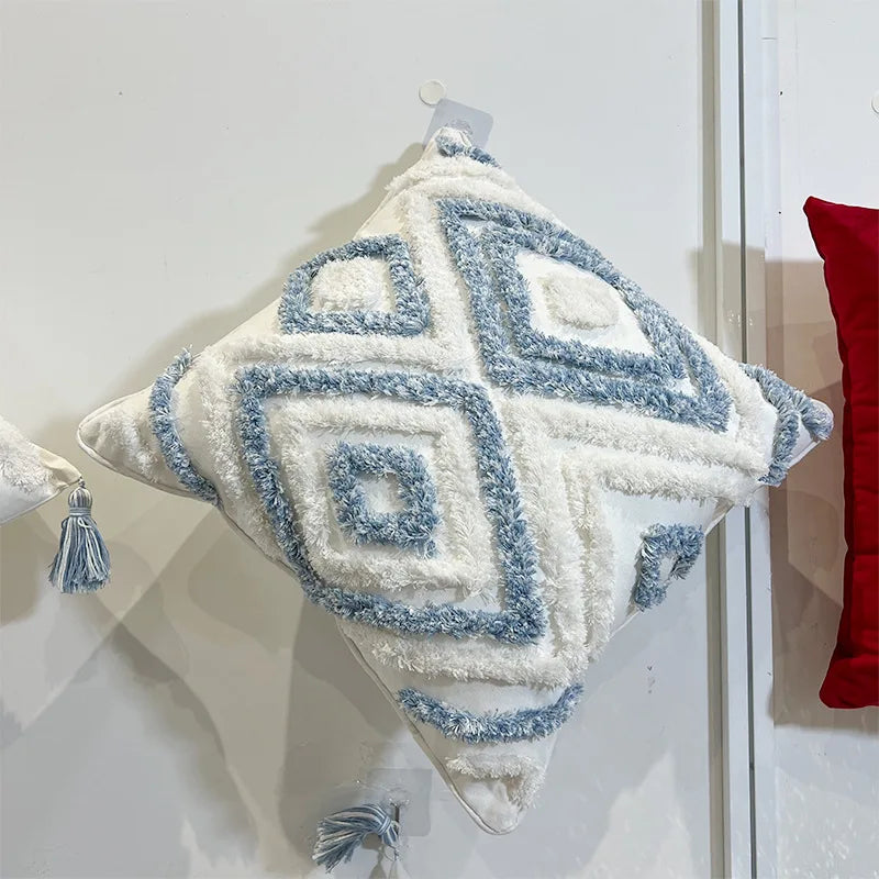 Afralia™ Geometric Diamond Tufted Embroidery Pillowcases - Blue & White Fringed, 45x45/30x50cm