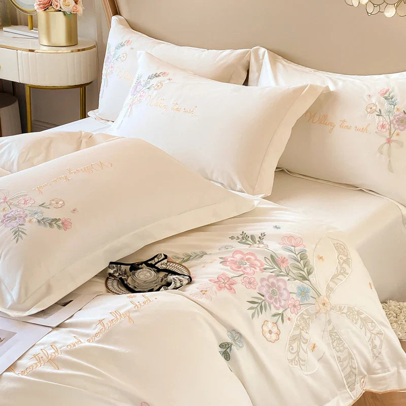 Afralia™ Chic Flowers Embroidery Bedding Set, 100% Cotton, 400TC