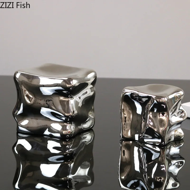 Afralia™ Silver Plated Geometric Cube Sculpture Room Decor