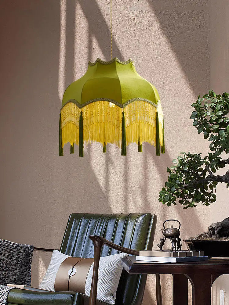 Afralia™ Vintage Green Cloth Tassels LED Ceiling Chandelier Pendant Lights Home Decor