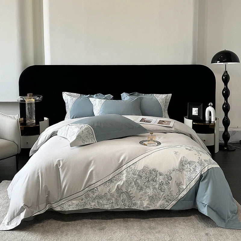 Afralia™ Luxe Butterfly Flowers Embroidery Bedding Set with Duvet Cover Sheet Pillowcases 4Pcs