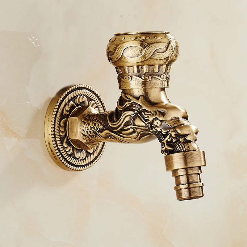 Afralia™ Antique Brass Dragon Carved Outdoor Washing Machine Faucet Cold Tap