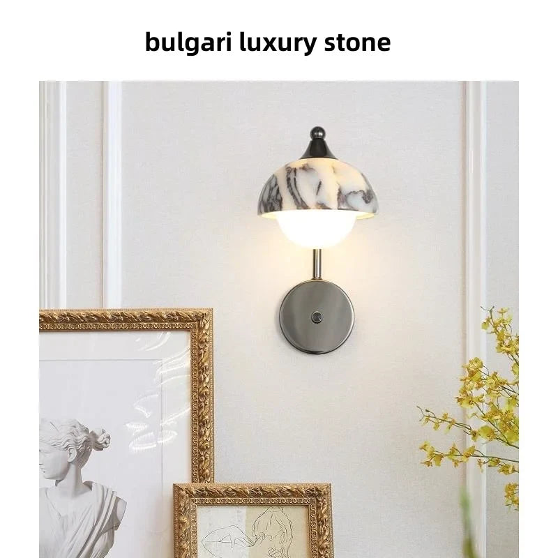 Afralia™ Marble Stone LED Wall Sconce, Rotatable Switch, White Glass, Carbon Steel