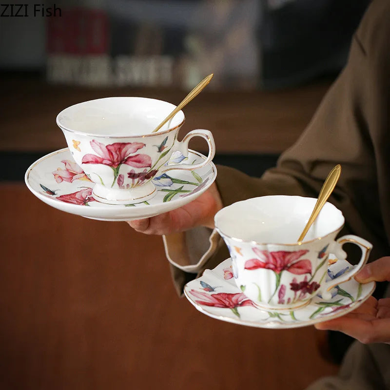 Afralia™ Iris Pattern Porcelain Gilded Mug Set for Stylish Tea & Coffee Enjoyment