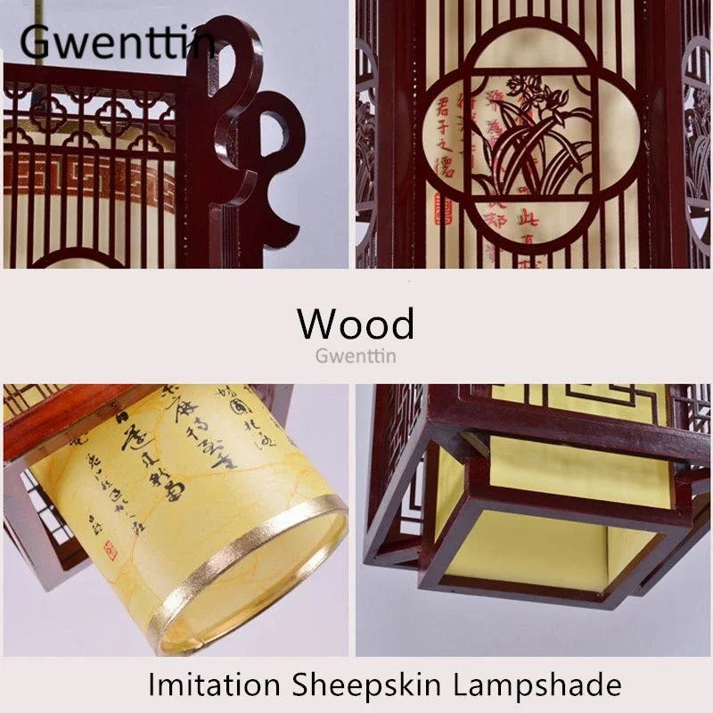 Afralia™ Sheepskin Lantern Pendant Light - Vintage Chinese Style Wooden Hanging Lamp
