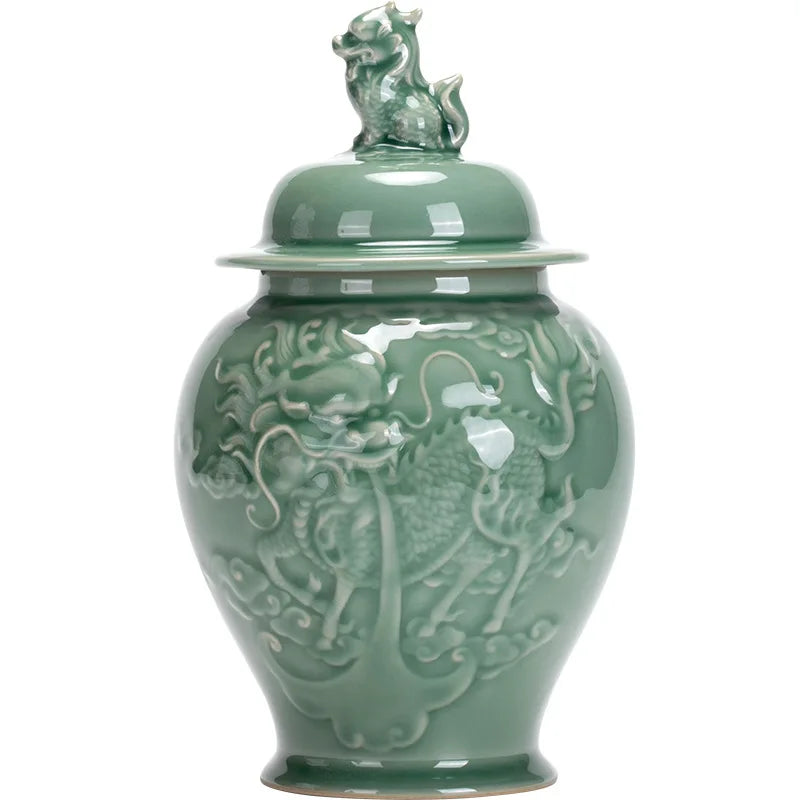 Afralia™ Dragon Relief Porcelain Tea Caddy Vintage Storage Jar