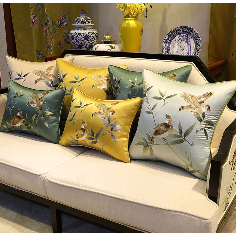 Afralia™ Birds Branches Embroidered Pillow Covers - Chinoiserie Style Chic Interiors