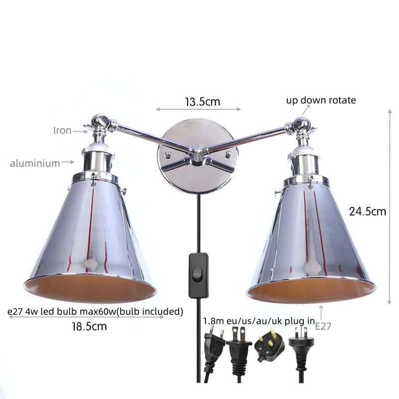 Afralia™ Loft Plug-in LED Wall Lamps Industrial Silver Vintage 2 Heads Lighting
