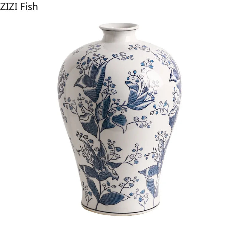 Afralia™ Blue White Porcelain Vase Plant Pots Room Decor Flowers Arrangement