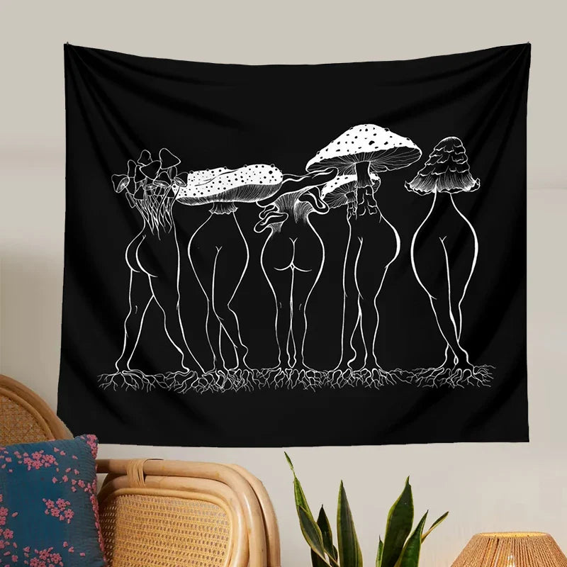 Afralia™ Mushroom Woman Tapestry Wall Hanging Black White Boho Decor Bedroom Aesthetic