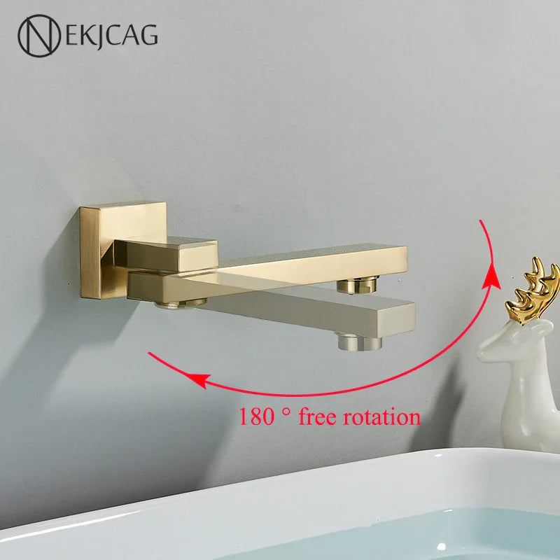 Afralia™ Brushed Gold Wall Mounted Basin Faucet with Rotating Mixer