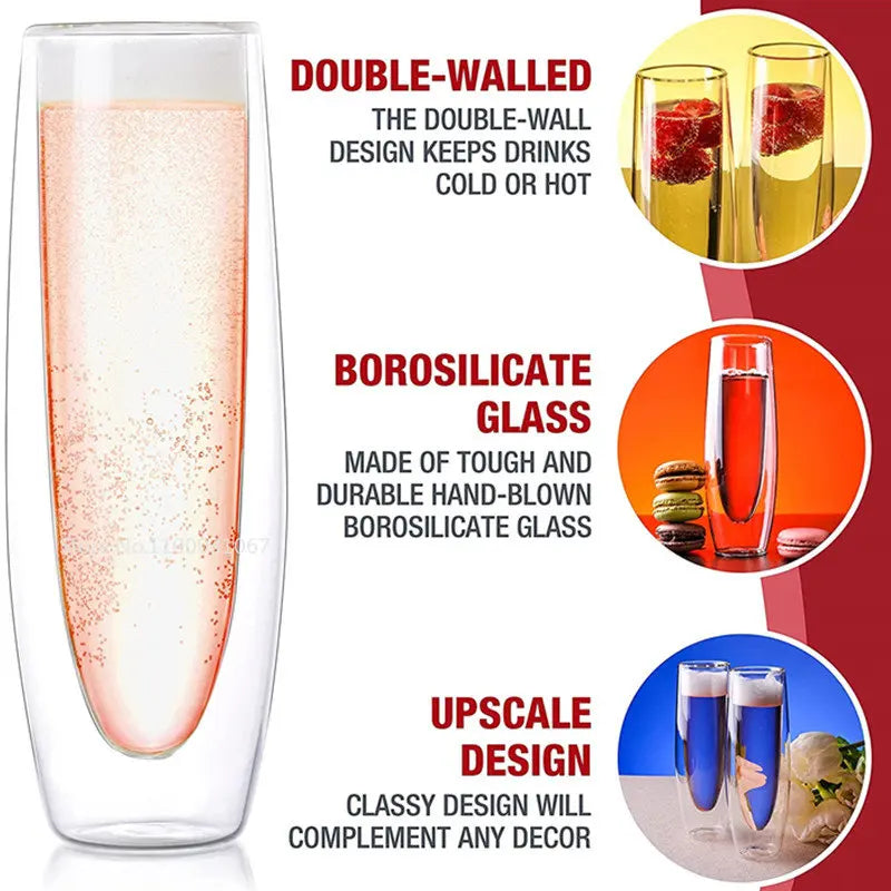 Afralia™ Double Wall Stemless Champagne Glasses Set for Wedding - 6Pcs