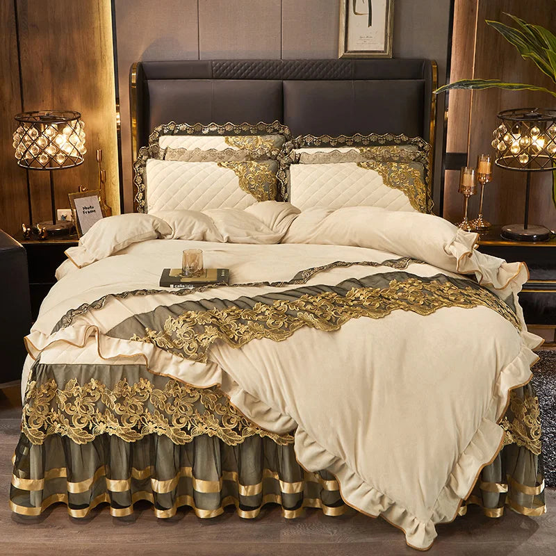 Afralia™ Black Gold Lace Duvet Set, Luxury Crystal Velvet, Quilted Embroidery, Ruffle Bedding