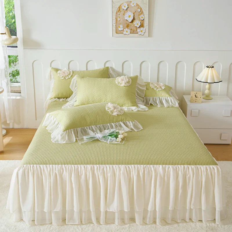 Afralia™ Princess Style Cotton Bedding Set with Flowers, Lace Ruffles, and Quilted Details