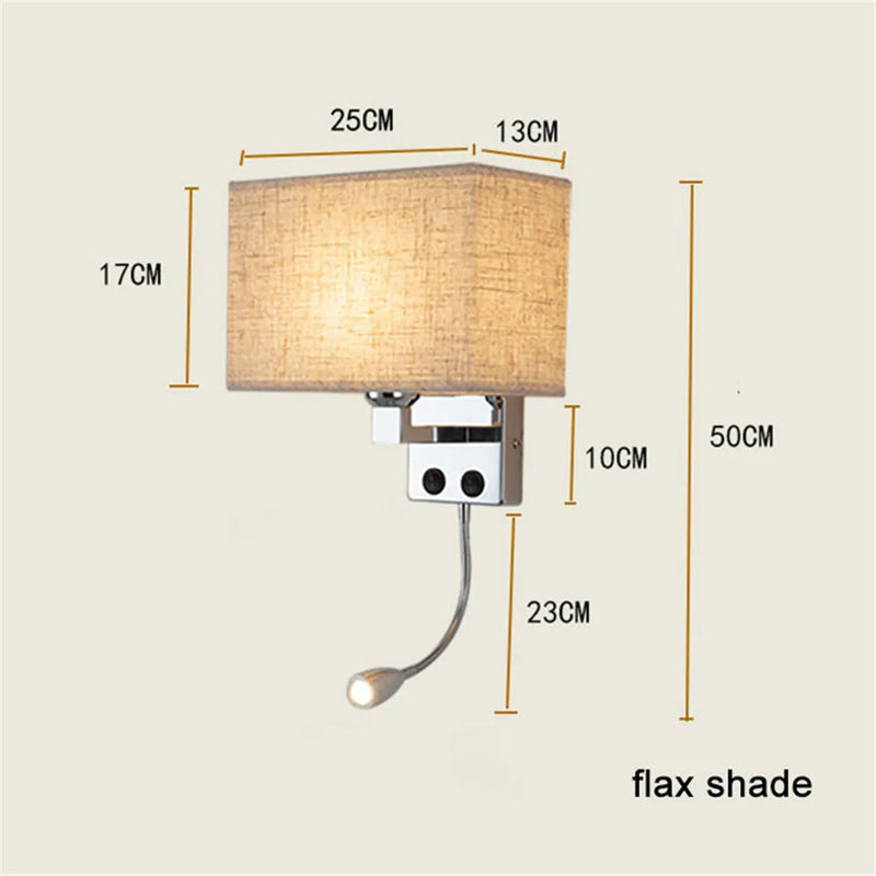 Afralia™ Fabric Shade Wall Light with LED Reading Lamp and Dual Switches