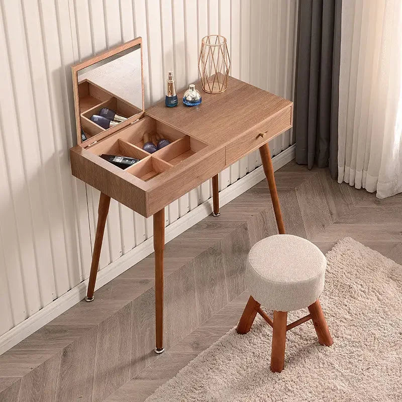 Afralia™ Solid Wood Makeup Dressing Table with Flip Style Mirror and Drawers
