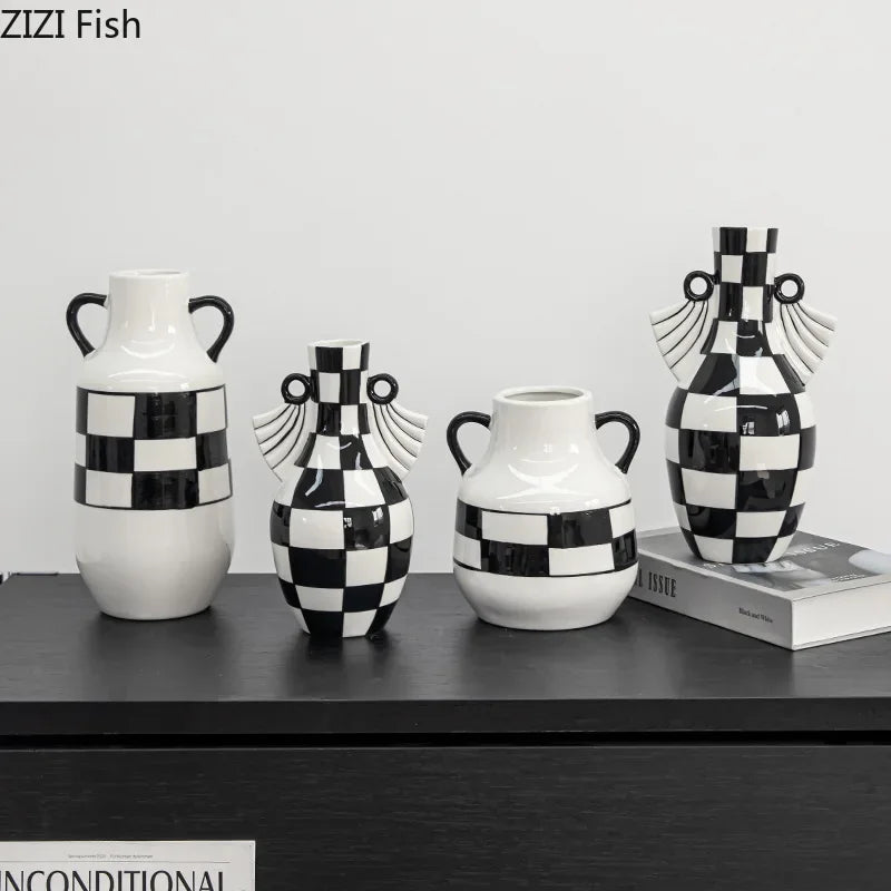 Afralia™ Checkered Pattern Ceramic Vase: Geometric Table Decor for Flowers & Room Aesthetic